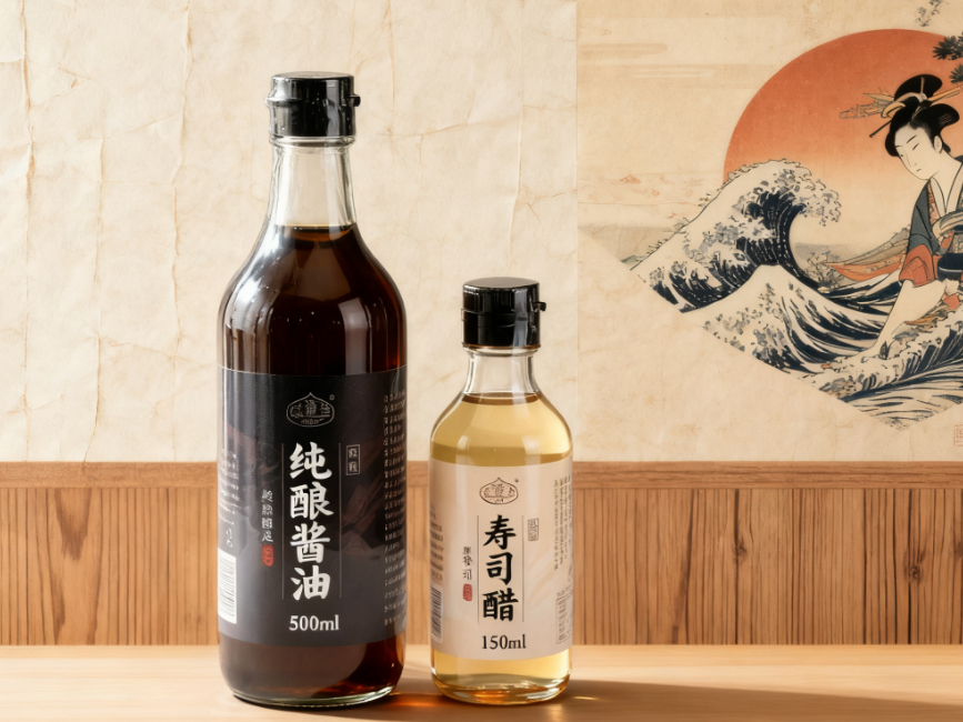 Molho de soja de fabricação pura de estilo japonês sofisticado e vinagre de sushi